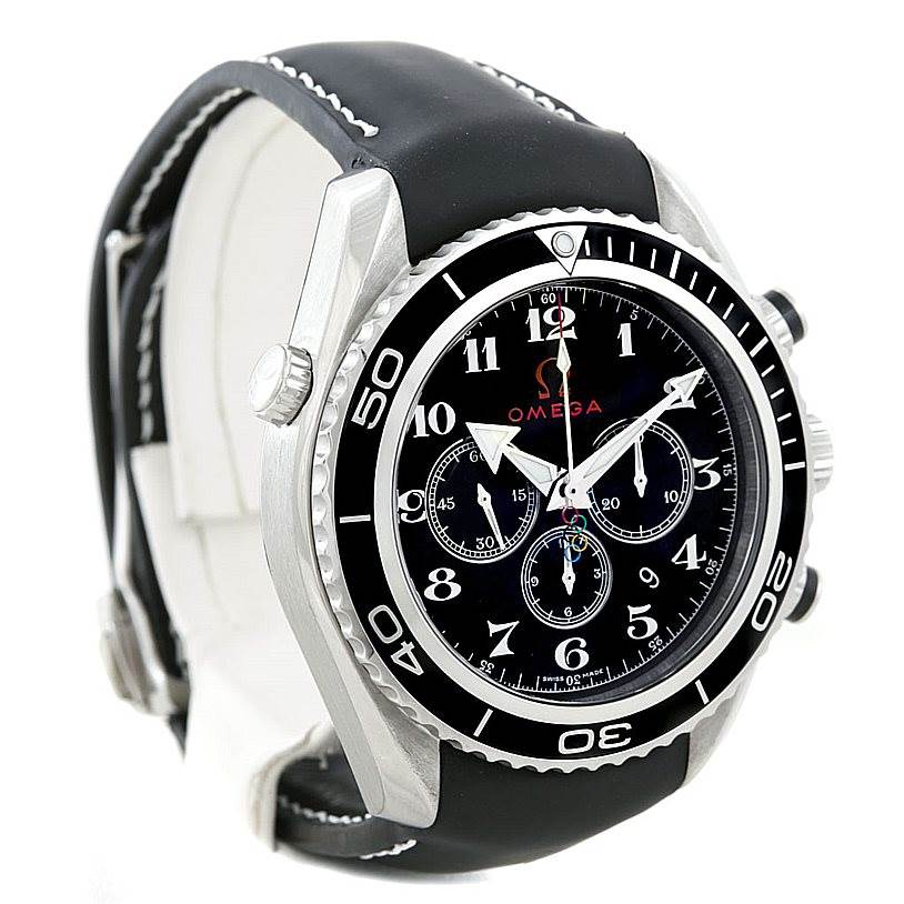 The Omega Planet Ocean 222.32.46.50.01.001 Men
s Stainless Steel Black Dial 222.32.46.50.01.001 Men
s Stainless Steel Black Dial watch is shown at a front angle, highlighting its black dial, bezel, and leather strap.