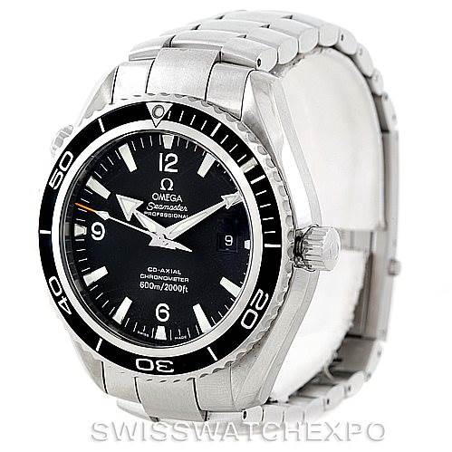 The image shows an Omega Planet Ocean 2200.50.00 Men
s Stainless Steel Black Dial 2200.50.00 Men
s Stainless Steel Black Dial watch from a front angle, highlighting its bezel, dial, crown, and stainless steel bracelet.