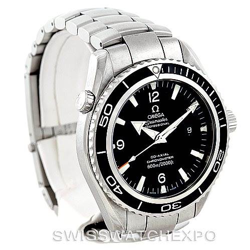 The image shows a front and side angle of the Omega Planet Ocean 2200.50.00 Men
s Stainless Steel Black Dial 2200.50.00 Men
s Stainless Steel Black Dial watch, highlighting the face, bezel, and bracelet.