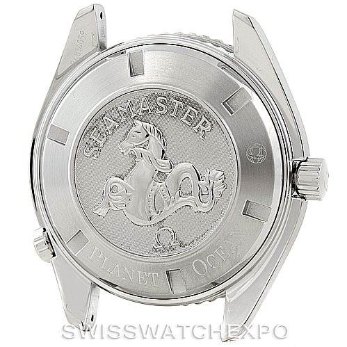 The image shows the case back of the Omega Planet Ocean 2200.50.00 Men
s Stainless Steel Black Dial 2200.50.00 Men
s Stainless Steel Black Dial watch featuring the Seamaster logo and engravings.