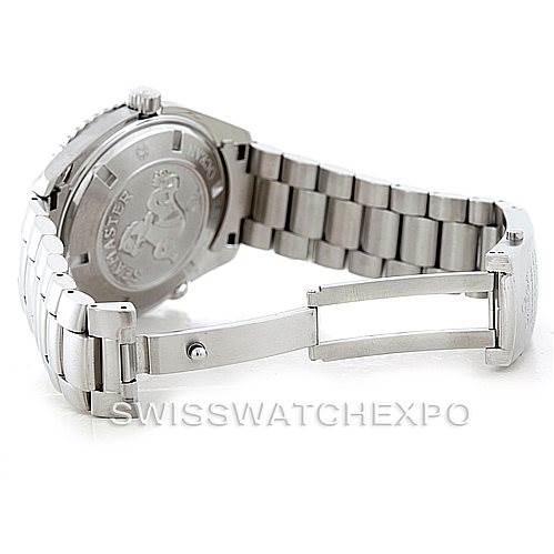 The image shows the back and partially opened bracelet clasp of an Omega Planet Ocean 2200.50.00 Men
s Stainless Steel Black Dial 2200.50.00 Men
s Stainless Steel Black Dial watch.