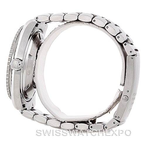 The image shows a side view of the Omega Planet Ocean 2200.50.00 Men
s Stainless Steel Black Dial 2200.50.00 Men
s Stainless Steel Black Dial watch, highlighting the bracelet and case profile.