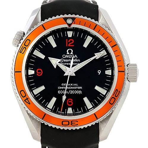 The image shows a front view of an Omega Planet Ocean 2909.50.82 Men
s Stainless Steel Black Dial 2909.50.82 Men
s Stainless Steel Black Dial with an orange bezel, black dial, and black strap.