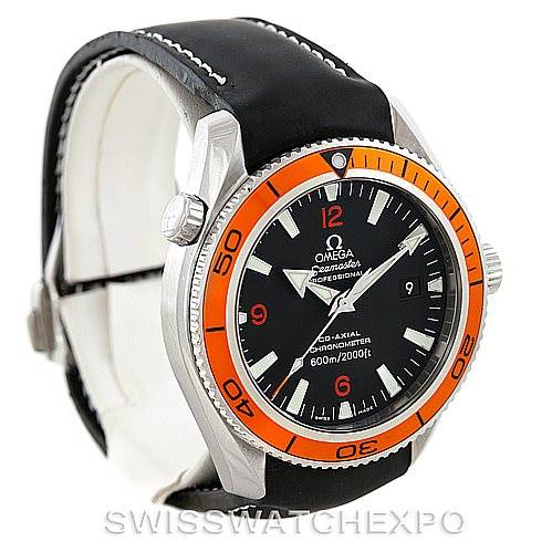 The Omega Planet Ocean 2909.50.82 Men
s Stainless Steel Black Dial 2909.50.82 Men
s Stainless Steel Black Dial watch is shown at a slight angle, displaying its black leather strap, orange rotating bezel, and black dial with white markings.