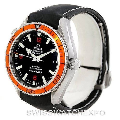 The Omega Planet Ocean 2909.50.82 Men
s Stainless Steel Black Dial 2909.50.82 Men
s Stainless Steel Black Dial watch is shown at a slight angle, featuring its orange bezel, black dial, and black strap.