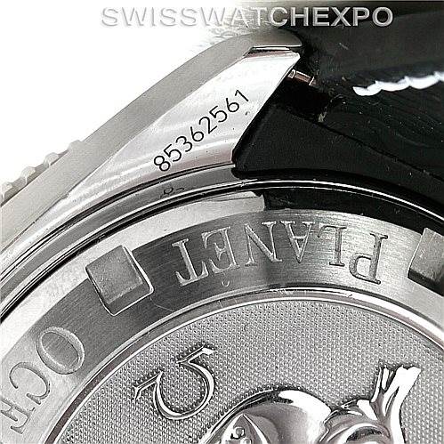 A close-up view of the case back and the serial number of an Omega Planet Ocean 2909.50.82 Men
s Stainless Steel Black Dial 2909.50.82 Men
s Stainless Steel Black Dial watch.