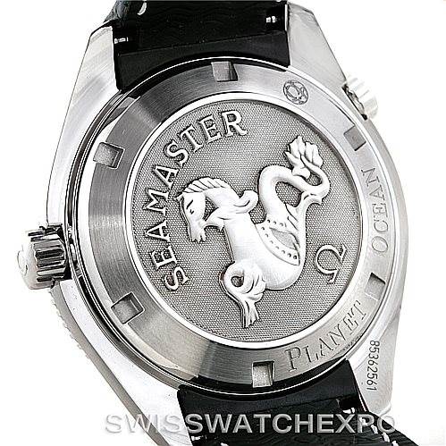 The image shows the case back of the Omega Seamaster Planet Ocean model, highlighting the engraved seahorse motif.