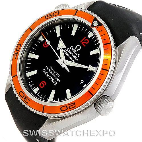 The Omega Planet Ocean 2909.50.82 Men
s Stainless Steel Black Dial 2909.50.82 Men
s Stainless Steel Black Dial watch is shown at an angled view, highlighting the dial, orange bezel, crown, and part of the strap.