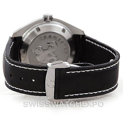 The image shows the back view of the Omega Planet Ocean 2909.50.82 Men
s Stainless Steel Black Dial 2909.50.82 Men
s Stainless Steel Black Dial watch, focusing on the case back and the black leather strap with white stitching.