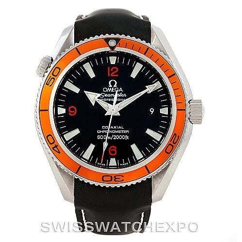 The image shows the front view of the Omega Planet Ocean 2909.50.82 Men
s Stainless Steel Black Dial 2909.50.82 Men
s Stainless Steel Black Dial watch, featuring its dial, hands, bezel, and part of the strap.