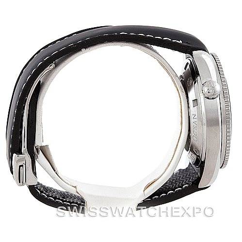 The Omega Planet Ocean 2909.50.82 Men
s Stainless Steel Black Dial 2909.50.82 Men
s Stainless Steel Black Dial watch is shown from the side, displaying the case, crown, bezel, and a portion of the leather strap.