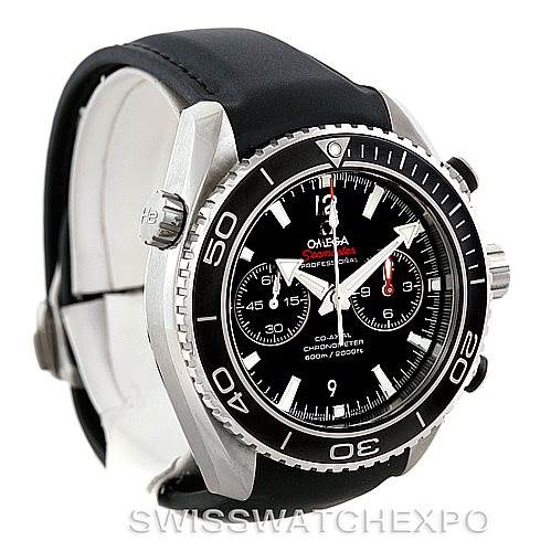 The image shows an angled view of an Omega Planet Ocean 232.32.46.51.01.003 Men
s Stainless Steel Black Dial 232.32.46.51.01.003 Men
s Stainless Steel Black Dial watch, highlighting the bezel, dial, crown, and part of the strap.