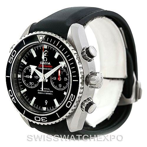 The Omega Planet Ocean 232.32.46.51.01.003 Men
s Stainless Steel Black Dial 232.32.46.51.01.003 Men
s Stainless Steel Black Dial watch is shown in a front-side angle, displaying its bezel, crown, pushers, and black strap.