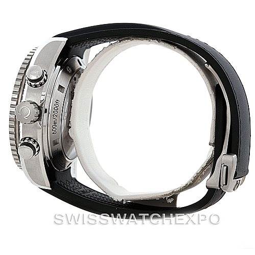 This side view of the Omega Planet Ocean 232.32.46.51.01.003 Men
s Stainless Steel Black Dial 232.32.46.51.01.003 Men
s Stainless Steel Black Dial shows the crown, chronograph pushers, and part of the strap and buckle.