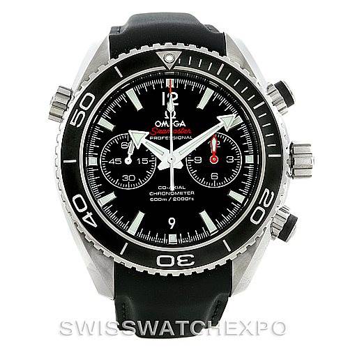 Front-facing view of an Omega Planet Ocean 232.32.46.51.01.003 Men
s Stainless Steel Black Dial 232.32.46.51.01.003 Men
s Stainless Steel Black Dial watch, showing the dial, bezel, crown, and pushers.