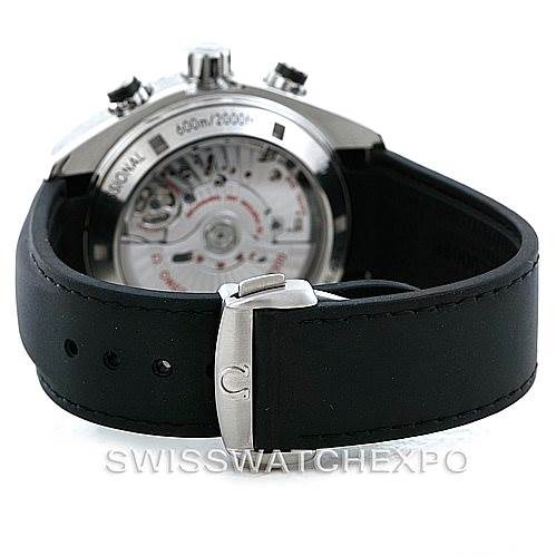 The image shows the back view of the Omega Planet Ocean 232.32.46.51.01.003 Men
s Stainless Steel Black Dial 232.32.46.51.01.003 Men
s Stainless Steel Black Dial watch, highlighting the case back and a black leather strap with a buckle.