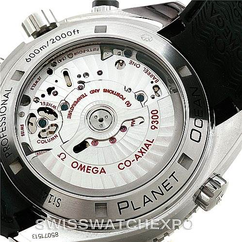 The image shows the back view of the Omega Planet Ocean 232.32.46.51.01.003 Men
s Stainless Steel Black Dial 232.32.46.51.01.003 Men
s Stainless Steel Black Dial watch, highlighting its movement and inner workings.