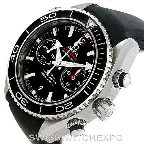 This image shows a side view of the Omega Planet Ocean 232.32.46.51.01.003 Men
s Stainless Steel Black Dial 232.32.46.51.01.003 Men
s Stainless Steel Black Dial watch, highlighting the bezel, crown, pushers, and part of the strap.