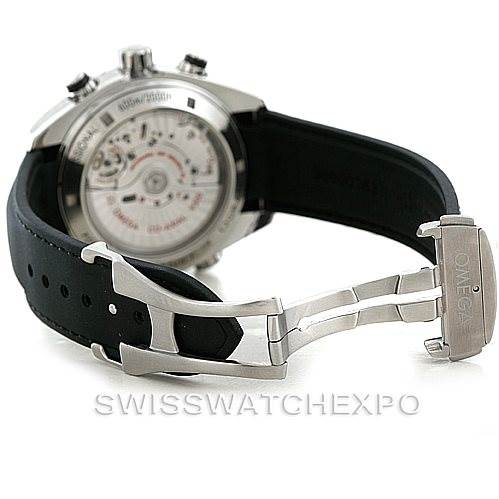 The image shows the back view of an Omega Planet Ocean 232.32.46.51.01.003 Men
s Stainless Steel Black Dial 232.32.46.51.01.003 Men
s Stainless Steel Black Dial watch and its clasp mechanism.