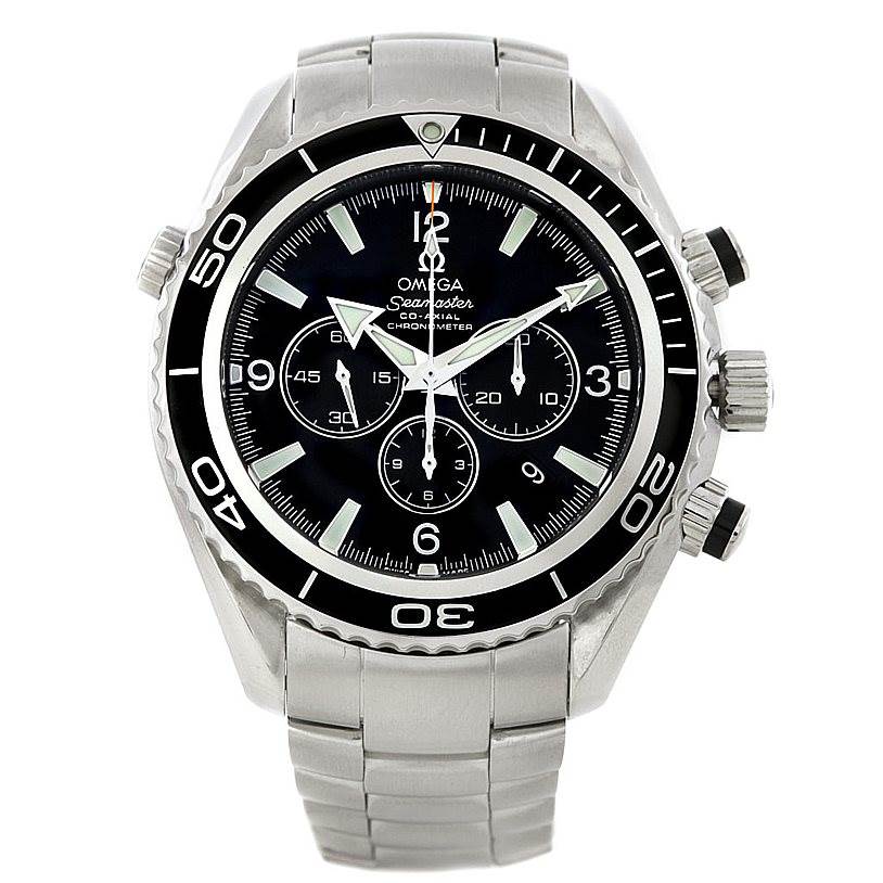 The image shows a full front view of the Omega Planet Ocean 2210.50.00 Men
s Stainless Steel Black Dial 2210.50.00 Men
s Stainless Steel Black Dial watch, featuring the dial, bezel, and bracelet.