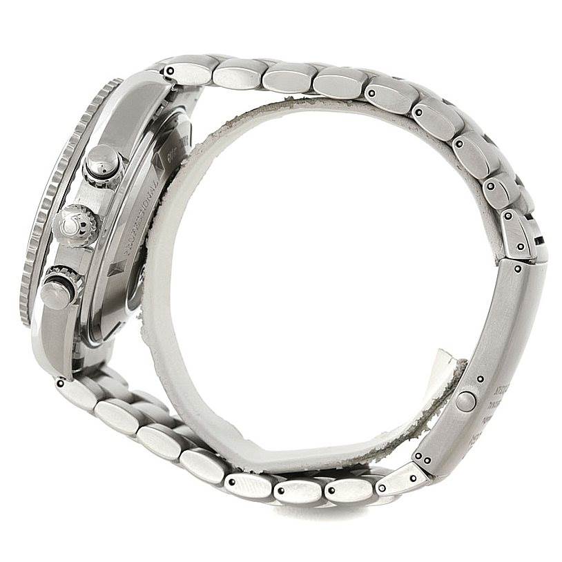 The image shows a side view of an Omega Planet Ocean 2210.50.00 Men
s Stainless Steel Black Dial 2210.50.00 Men
s Stainless Steel Black Dial watch, highlighting the watch band, crown, and chronograph pushers.