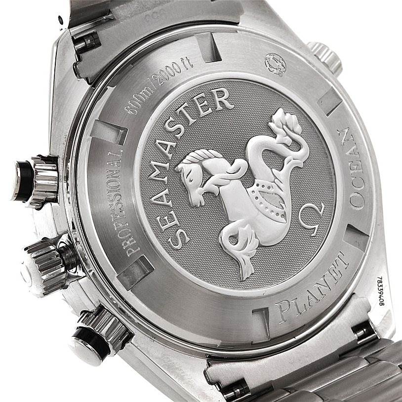 The image shows the back and part of the side of an Omega Planet Ocean 2210.50.00 Men
s Stainless Steel Black Dial 2210.50.00 Men
s Stainless Steel Black Dial Seamaster watch, highlighting the case back and buttons.