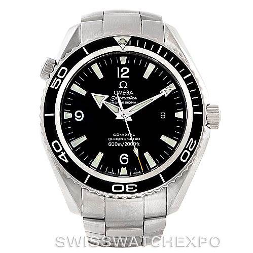 The image shows a front-facing view of the Omega Planet Ocean 2200.50.00 Men
s Stainless Steel Black Dial 2200.50.00 Men
s Stainless Steel Black Dial watch, highlighting its dial, bezel, and bracelet.