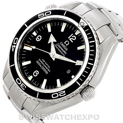 The image shows the Omega Planet Ocean 2200.50.00 Men
s Stainless Steel Black Dial 2200.50.00 Men
s Stainless Steel Black Dial watch from a front angle, highlighting the dial, bezel, and stainless steel bracelet.