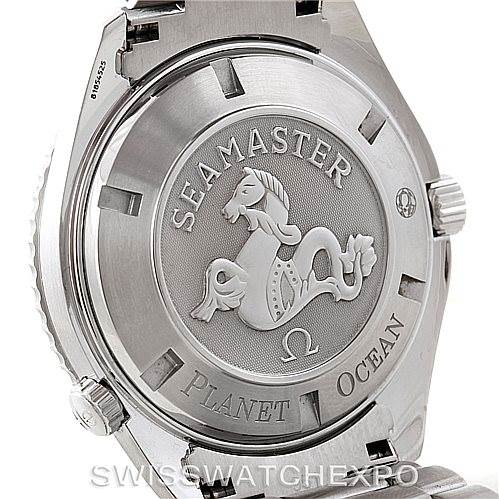 This image shows the case back of an Omega Seamaster Planet Ocean watch, displaying the engraved logo and text.