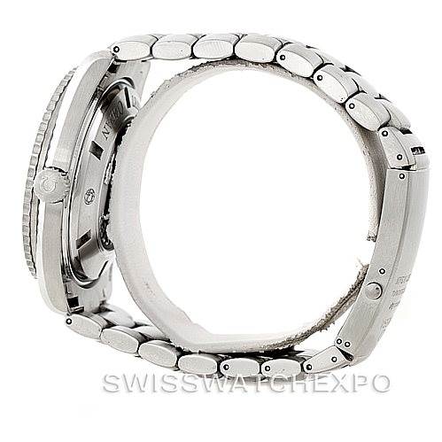 The image shows a side view of the Omega Planet Ocean 2200.50.00 Men
s Stainless Steel Black Dial 2200.50.00 Men
s Stainless Steel Black Dial watch, highlighting the side profile, bezel, and bracelet links.