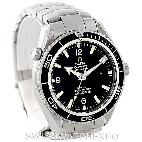 The Omega Planet Ocean 2200.50.00 Men
s Stainless Steel Black Dial 2200.50.00 Men
s Stainless Steel Black Dial watch is shown at an angle highlighting the face, bezel, and part of the bracelet.