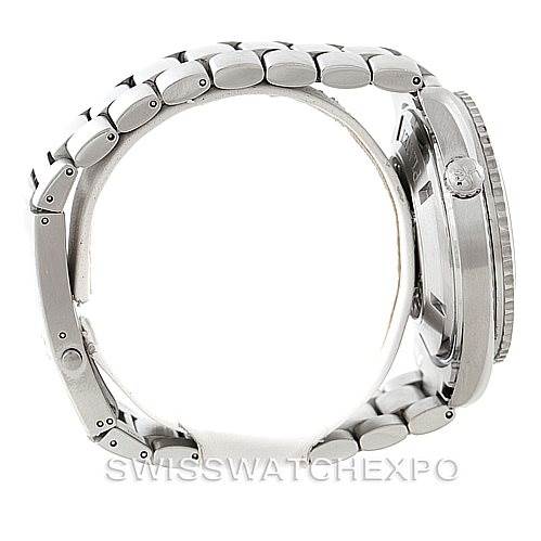 The image shows a side profile of the Omega Planet Ocean 2200.50.00 Men
s Stainless Steel Black Dial 2200.50.00 Men
s Stainless Steel Black Dial watch, highlighting its metal bracelet, crown, and side of the case.