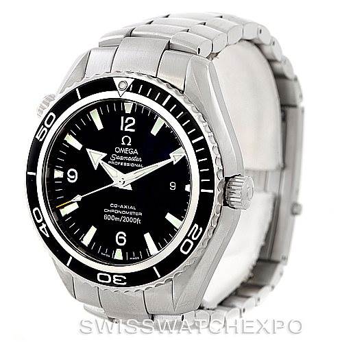 The Omega Planet Ocean 2200.50.00 Men
s Stainless Steel Black Dial 2200.50.00 Men
s Stainless Steel Black Dial watch is shown from an angled front view, displaying the dial, bezel, and bracelet.