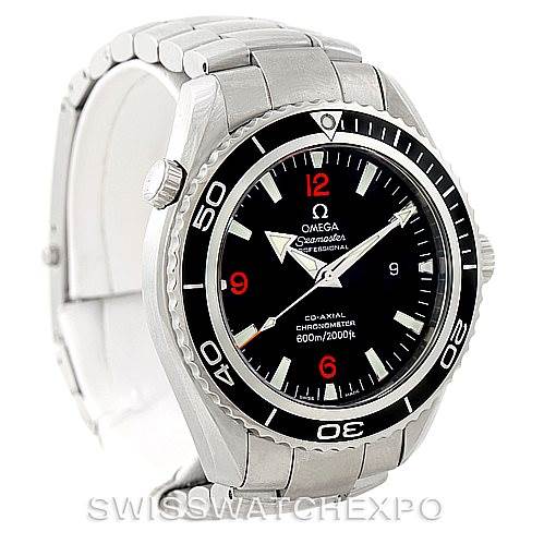 The Omega Planet Ocean 2200.51.00 Men
s Stainless Steel Black Dial 2200.51.00 Men
s Stainless Steel Black Dial watch is shown from an angled front view, displaying the dial, bezel, and bracelet.