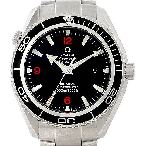 The image shows a front view of the Omega Planet Ocean 2200.51.00 Men
s Stainless Steel Black Dial 2200.51.00 Men
s Stainless Steel Black Dial watch, displaying the face, bezel, and part of the bracelet.