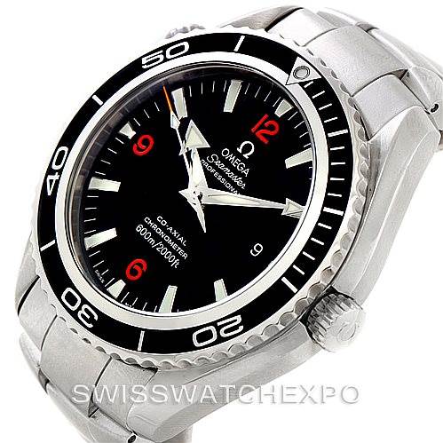 The image shows an Omega Planet Ocean 2200.51.00 Men
s Stainless Steel Black Dial 2200.51.00 Men
s Stainless Steel Black Dial watch angled from the front and slightly to the side, displaying the face, bezel, and part of the bracelet.