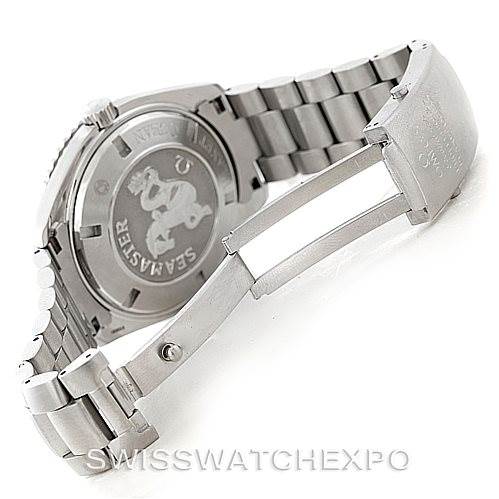 The image shows the back and partial sides of an Omega Planet Ocean 2200.51.00 Men
s Stainless Steel Black Dial 2200.51.00 Men
s Stainless Steel Black Dial watch, highlighting the bracelet and clasp.