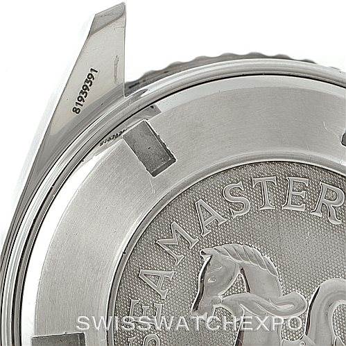 The image shows the back case of an Omega Seamaster Planet Ocean watch, highlighting the engraved design and part of the case.