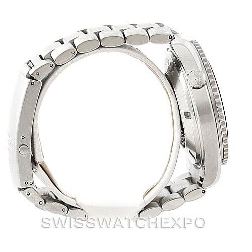 The image shows a side view of the Omega Planet Ocean 2200.51.00 Men
s Stainless Steel Black Dial 2200.51.00 Men
s Stainless Steel Black Dial watch, highlighting its bracelet, case, and crown.