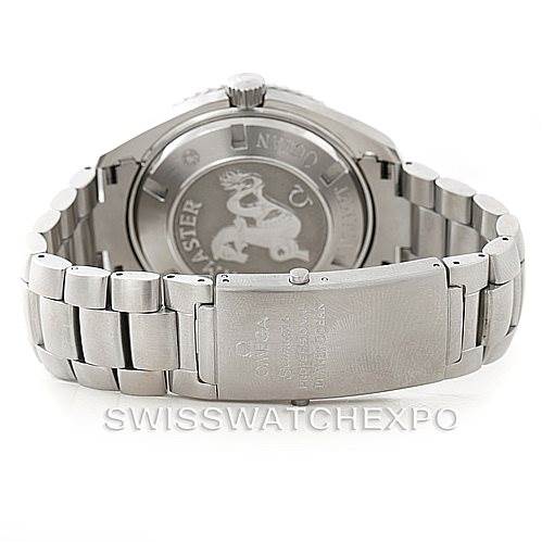 The image shows the backside and bracelet clasp of the Omega Planet Ocean 2200.51.00 Men
s Stainless Steel Black Dial 2200.51.00 Men
s Stainless Steel Black Dial watch, highlighting the case back and the bracelet.