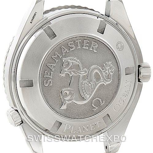 The image shows the back casing of an Omega Planet Ocean 2200.51.00 Men
s Stainless Steel Black Dial 2200.51.00 Men
s Stainless Steel Black Dial model
s watch, highlighting the "Seamaster" engraving and seahorse emblem.