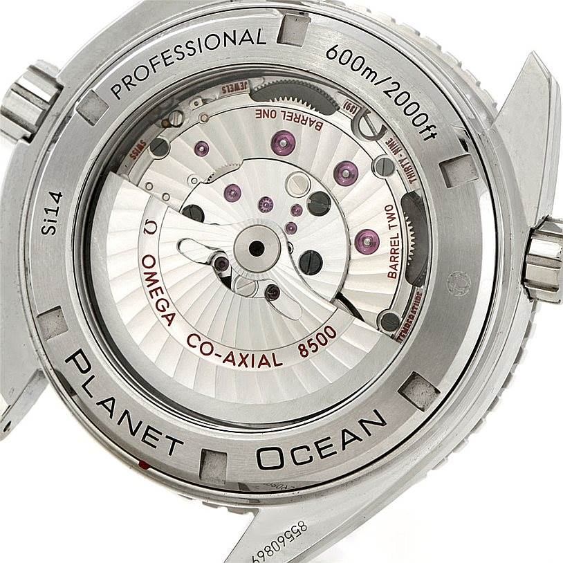 This image shows the back view of the Omega Planet Ocean 232.30.46.21.01.001 Men
s Stainless Steel Black Dial 232.30.46.21.01.001 Men
s Stainless Steel Black Dial watch, highlighting its internal mechanical components.