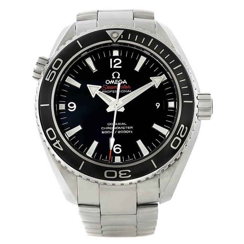 Front view of the Omega Planet Ocean 232.30.46.21.01.001 Men
s Stainless Steel Black Dial 232.30.46.21.01.001 Men
s Stainless Steel Black Dial, showcasing the dial, bezel, hands, crown, and part of the stainless steel bracelet.
