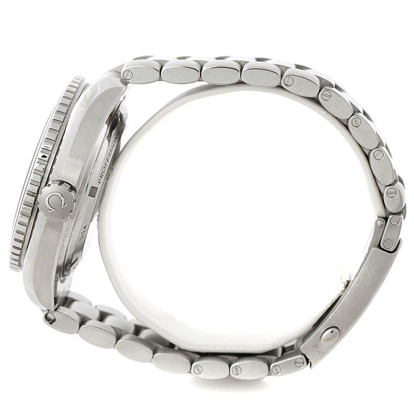 This image shows a side view of the Omega Planet Ocean 232.30.46.21.01.001 Men
s Stainless Steel Black Dial 232.30.46.21.01.001 Men
s Stainless Steel Black Dial watch, highlighting its crown, bezel, and metal bracelet.