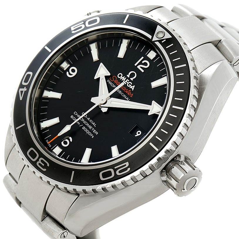 This image shows an angled view of the Omega Planet Ocean 232.30.46.21.01.001 Men
s Stainless Steel Black Dial 232.30.46.21.01.001 Men
s Stainless Steel Black Dial watch, highlighting the dial, bezel, case, and bracelet.