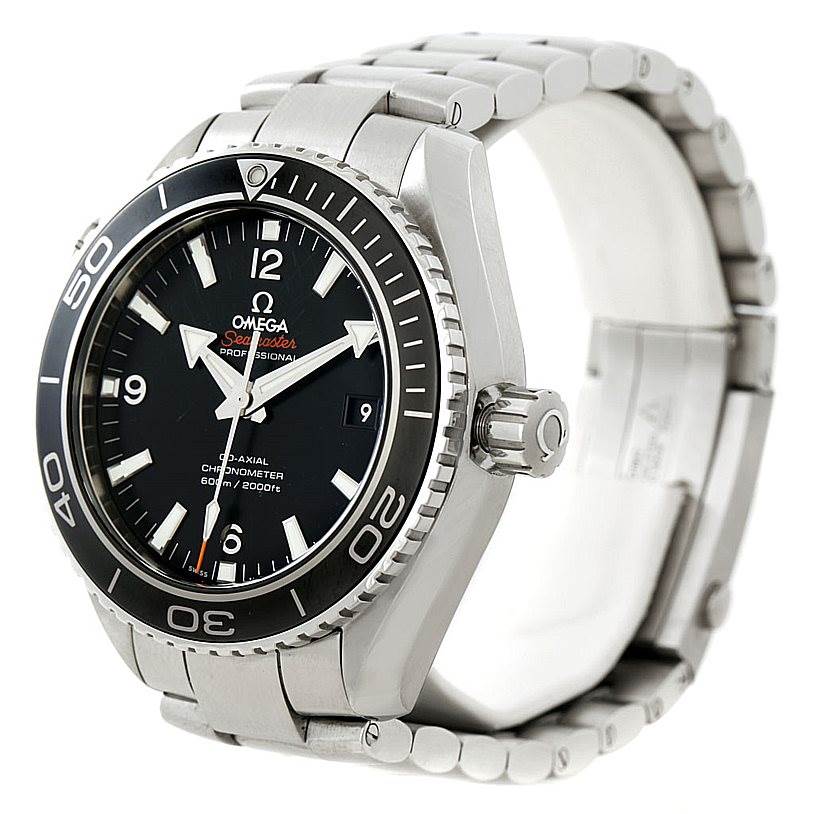The Omega Planet Ocean 232.30.46.21.01.001 Men
s Stainless Steel Black Dial 232.30.46.21.01.001 Men
s Stainless Steel Black Dial watch is shown at an angle displaying its face, bezel, crown, and stainless steel bracelet.