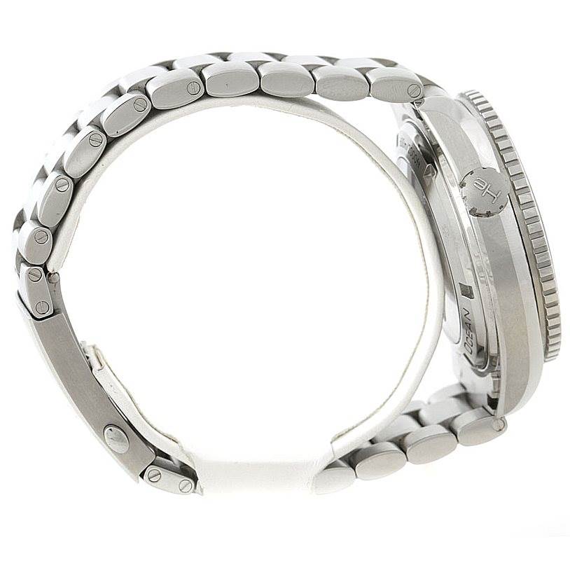 This side view of the Omega Planet Ocean 232.30.46.21.01.001 Men
s Stainless Steel Black Dial 232.30.46.21.01.001 Men
s Stainless Steel Black Dial watch displays its bracelet, case, and crown.