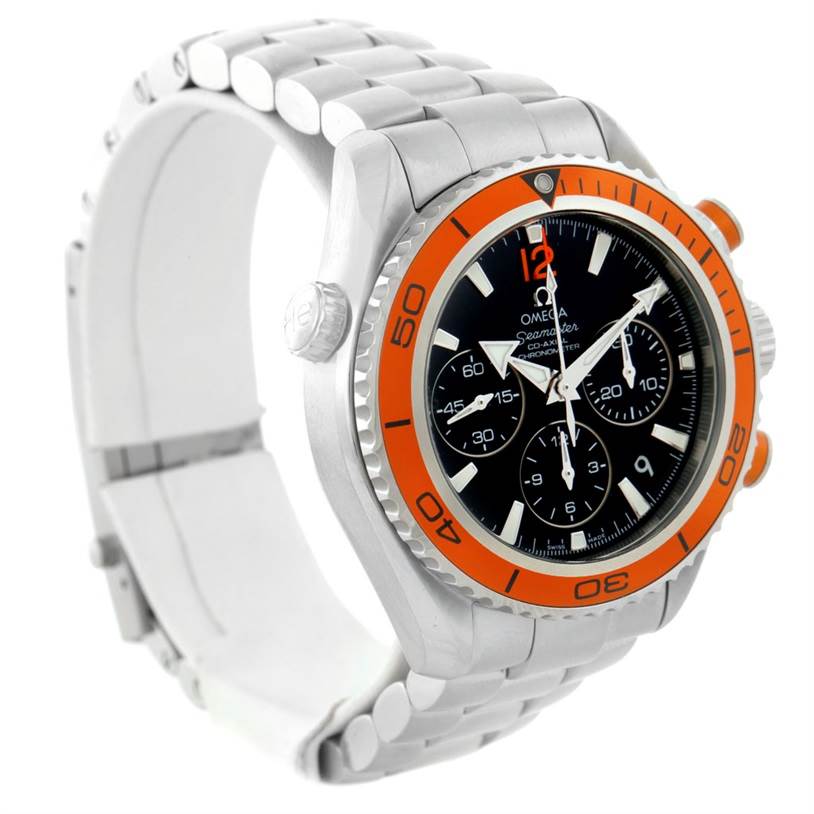 The Omega Planet Ocean 222.30.38.50.01.002 Stainless Steel Black Dial 222.30.38.50.01.002 Stainless Steel Black Dial watch is shown at an angle highlighting its face, crown, bezel, and bracelet.