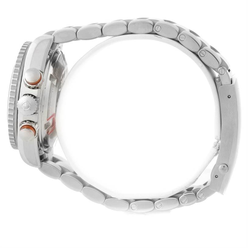 The image shows a side profile of the Omega Planet Ocean 222.30.38.50.01.002 Stainless Steel Black Dial 222.30.38.50.01.002 Stainless Steel Black Dial watch, highlighting the bracelet, clasp, and crown.