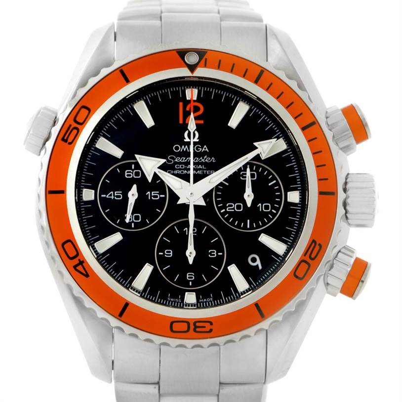 The Omega Planet Ocean 222.30.38.50.01.002 Stainless Steel Black Dial 222.30.38.50.01.002 Stainless Steel Black Dial watch is shown from the front, displaying its orange bezel, black dial, subdials, and metal bracelet.